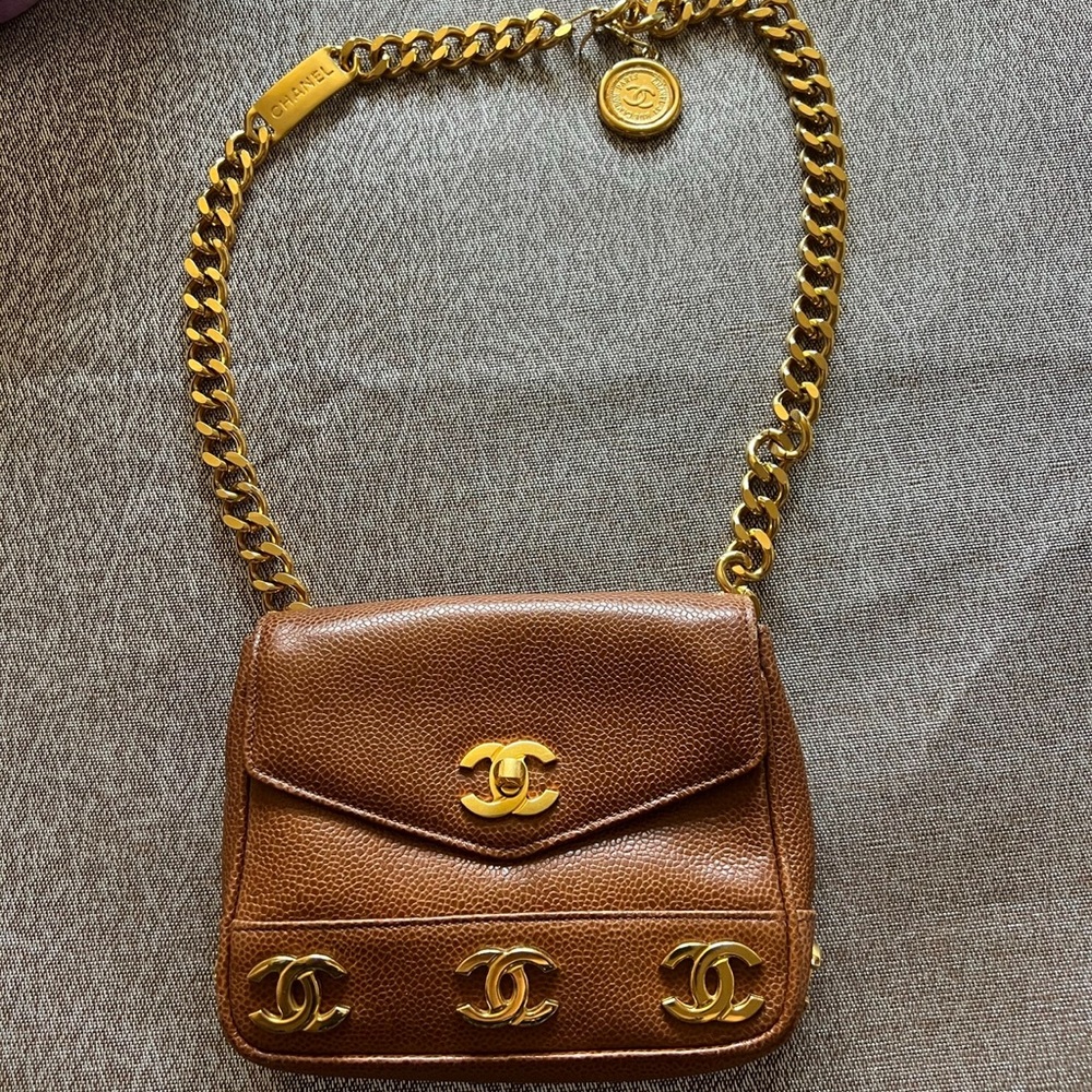 CHANEL Brown Leather Bag with Gold Chain